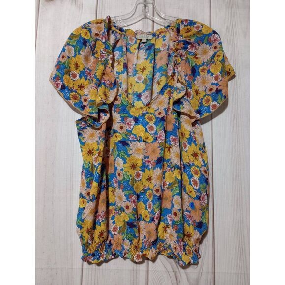 Status by Chenault Shirt Ladies Large Blue Yellow Floral Flutter Sleeve Light We - Picture 1 of 8
